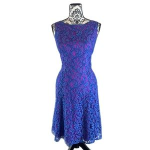 Adrianna Papell Blue Lace A-Line Dress with Pockets, 8